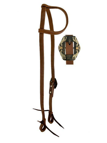 Argentina Cow Leather One Ear Headstall with Silver and Copper Engraved Overlayed Buckle