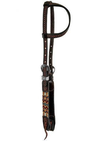 Two Tone Argentina Cow Leather One Ear Headstall with Aztec Beaded Inlays
