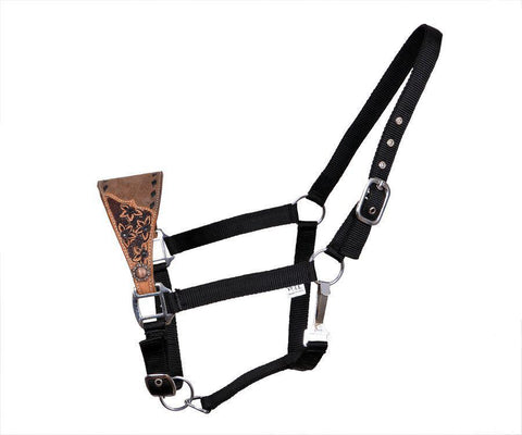 Adjustable nylon bronc halter on medium leather with floral tooling and black buck stitch