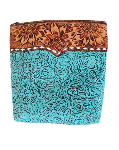 TURQUIOSE FLORAL TOOLED SUNFLOWER TOOL PURSE