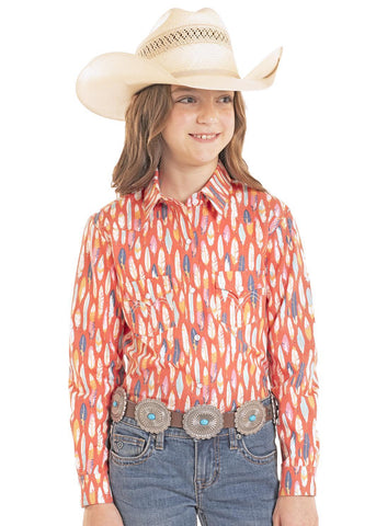 Girls' Bright Feather Print Long Sleeve Snap Shirt