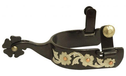 Ladies black steel spur with engraved silver overlay and copper studs
