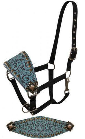 FULL SIZE Adjustable bronc style halter with filigree print accented with copper colored small studs and engraved conchos