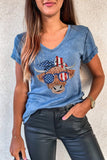Sky Blue American Flag Cow Head Print V Neck Graphic T Shirt
