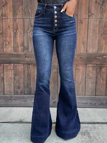 Dark Blue Button Fly Flared Jeans