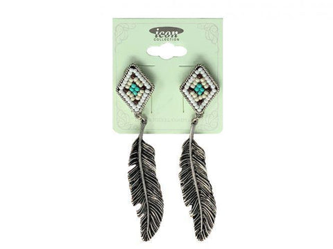 Beaded diamond post with silver dangle feather charm