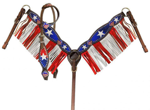 RED WHITE AND BLUE FRINGE HEADSTALL BREAST COLLAR SET
