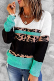 Leopard Print Color Block V Neck Sweater