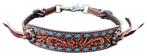 Distressed Medium leather wither strap with teal rawhide lacing