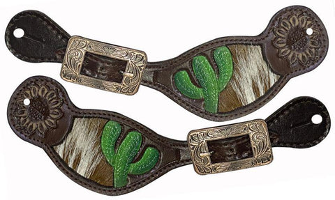Leather spur straps with painted cactus and hair on cowhide inlay