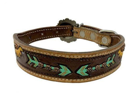 Hand Painted Sunflowers and arrow leather dog collar with copper buckle