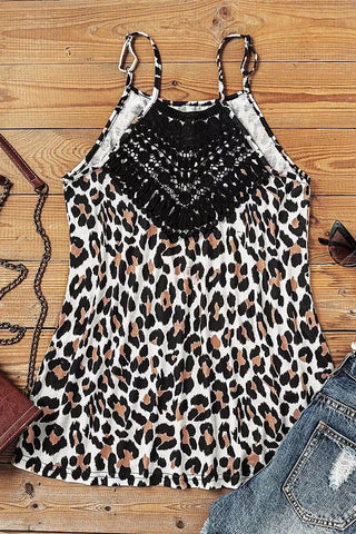 Leopard Print Lace Patchwork Spaghetti Strap Cami Top