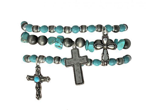 Teal and Silver beaded bracelet with cross charms