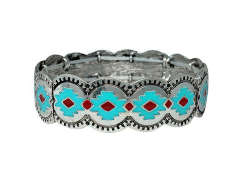 Teal and Silver stretch bracelet with red accented serape print