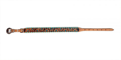 Genuine leather dog collar with teal rawhide