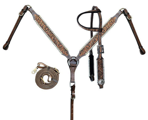 TOOLED SINGLE EAR HEADSTALL AND BREAST COLLAR SET