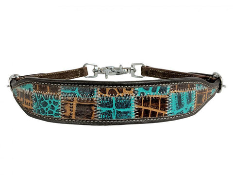 Leather wither strap with teal gator patchwork pattern