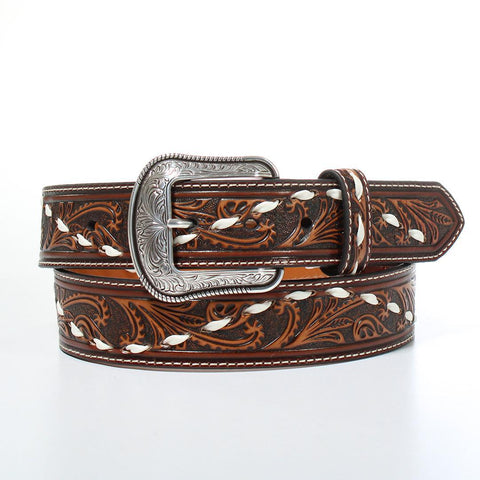 3D MENS BELT HAND TOOLED BUCK LACE BROWN