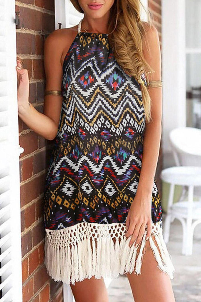 Aztec Geometric Open Back Halter Tassel Edge Mini Dress Aztec Geometric Open Back Halter Tassel Edge Mini Dress