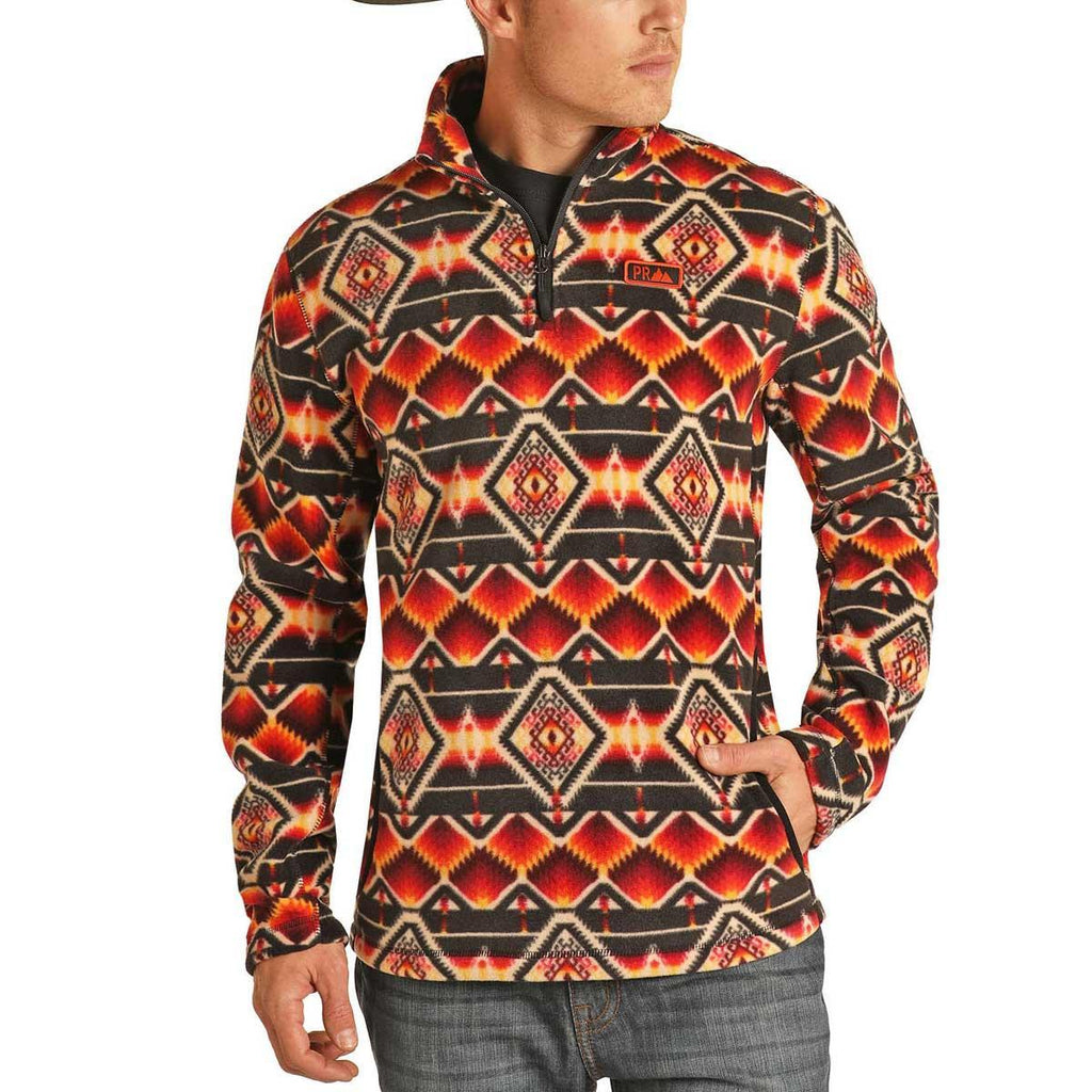 Men's Black Orange Aztec Print Fleece Pullover by Power River Outfitters