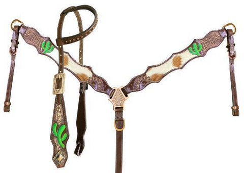Hair on Cowhide One Ear Leather Headstall and Breast Collar Set with Hand Painted Cactus
