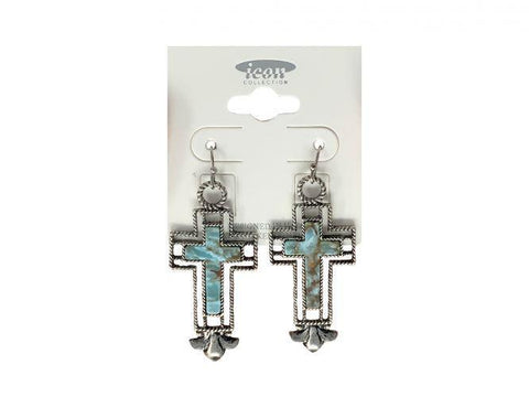 A set of silver cross earrings with turquoise stones and hook back