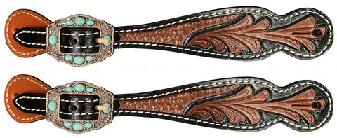 Ladies two toned floral tooled spur straps