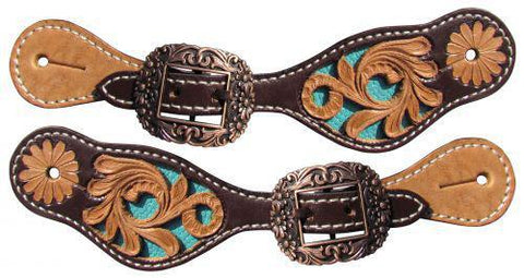 Youth leather spur straps with turquoise inlay
