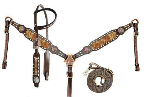BROWN & WHITE HAIR ON ONE EAR HEADSTALL BREAST COLLAR SET