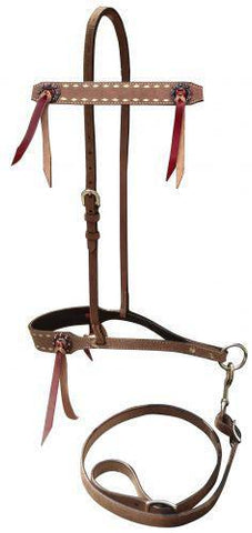 Roughout leather tie down noseband and strap with buckstitch trim