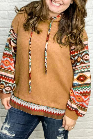 Waffle Texture Aztec Accent Plus Size Hoodie