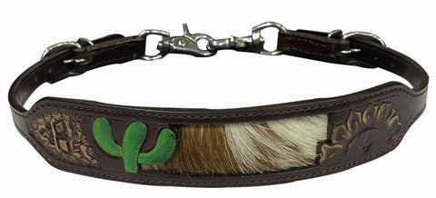 Leather wither strap with painted cactus and hair on cowhide inlay