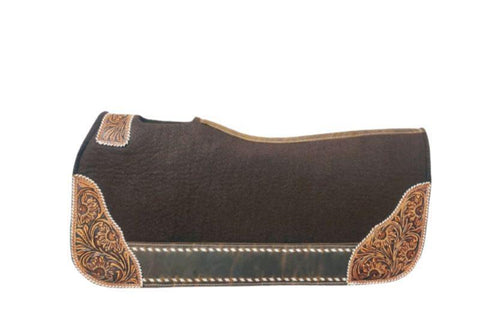1" 32" x 31" x 1" Brown Felt Saddle Pad with Medium Floral Stamp Leather Accents