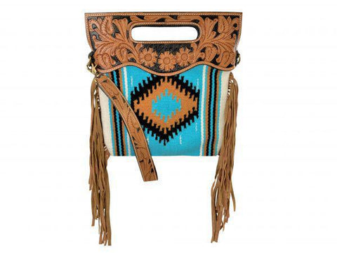 Saddle blanket handbag with genuine leather floral tooled handle and carry strap and zip closure