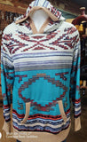 BLUE AZTEC KNITTED SWEATER WITH HOOD