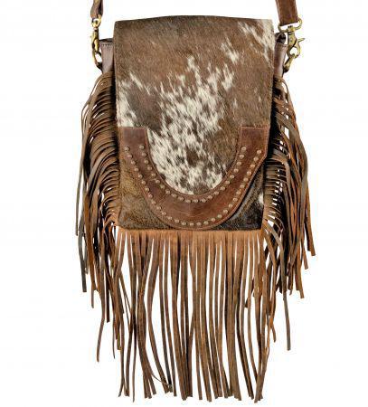 Klassy Cowgirl  Brown and White Cowhide Crossbody Bag with flap and brown suede fringe