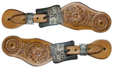 Youth size floral tooled spur straps with engraved antiqued brass buckles.