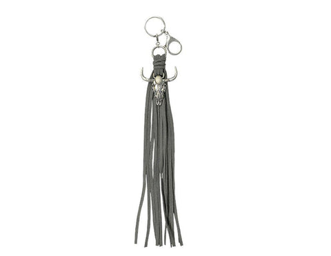 Silver Skull Keychain with Gray Fringe